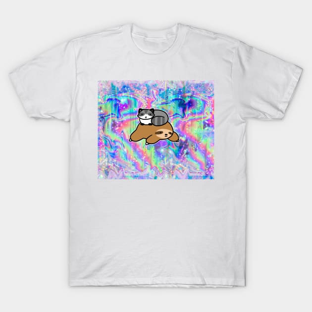 Little Raccoon and Sloth Rainbow Hologram T-Shirt by saradaboru